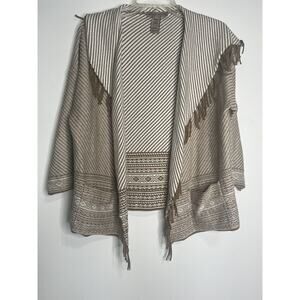 Sharon Young Womens Knit Fringe Cardigan Sweater Size Small Beige Brown Stripes